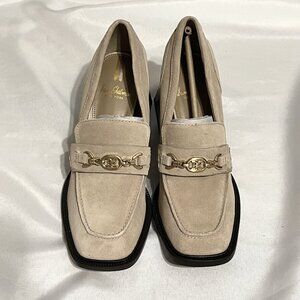 NWOT Sam Edelman Quincy Suede Loafer Heel, 7 Tan/Cream Suede